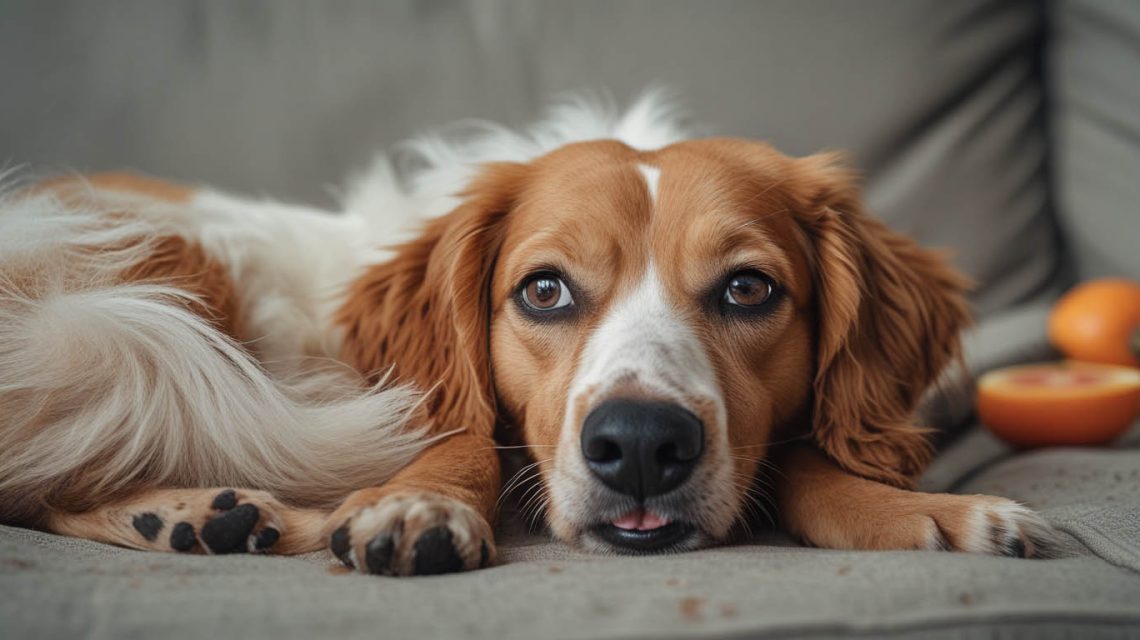 Worried pet owner sitting on the floor beside her small dog, gently holding its collar as the dog stretches its neck forward and appears to gag.