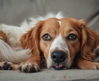 Worried pet owner sitting on the floor beside her small dog, gently holding its collar as the dog stretches its neck forward and appears to gag.