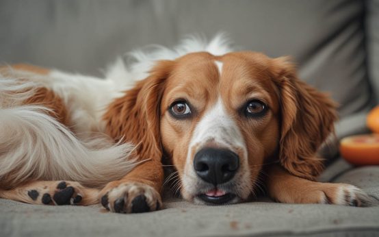 Worried pet owner sitting on the floor beside her small dog, gently holding its collar as the dog stretches its neck forward and appears to gag.