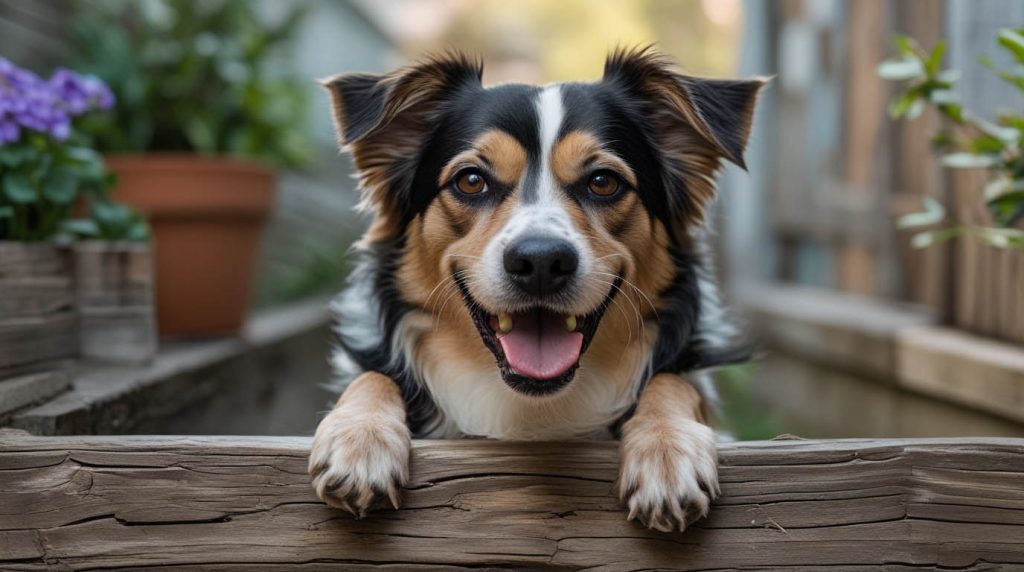 Middle-aged woman sitting on a couch pulling her head back and making a face as her small dog pants near her, looking concerned about why her dog has terrible breath.