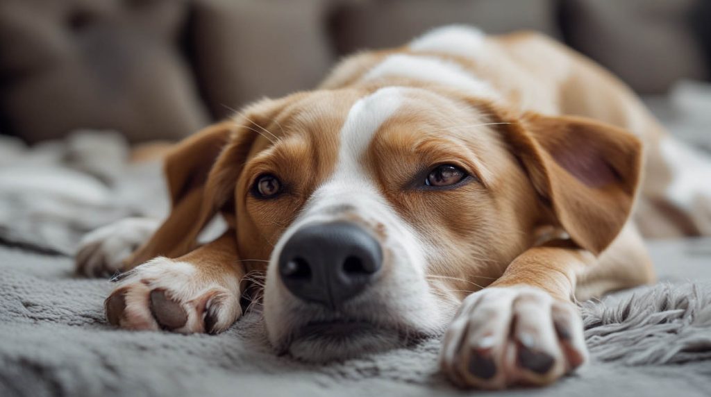 Concerned woman sitting on the living room floor next to her medium-sized dog, gently supporting its chest as the dog stretches its neck and keeps gagging without throwing up