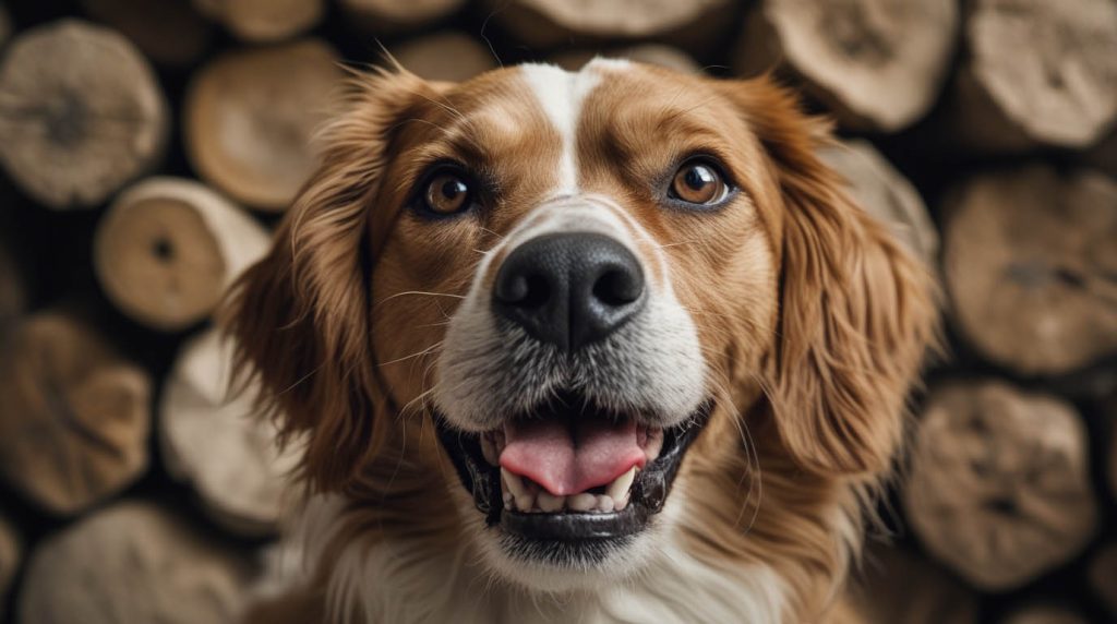 Concerned pet owner gently lifting her senior dog’s lip to check its teeth and gums after wondering why her dog has terrible breath lately.