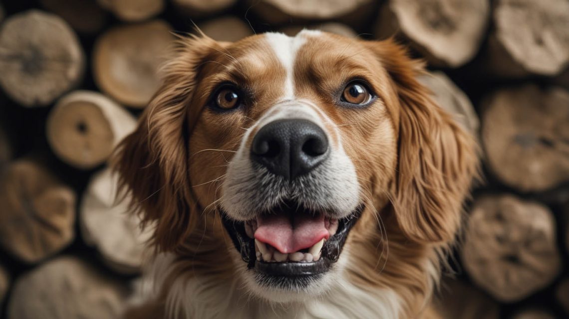 Concerned pet owner gently lifting her senior dog’s lip to check its teeth and gums after wondering why her dog has terrible breath lately.