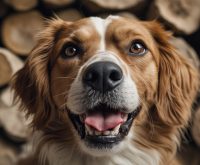 Concerned pet owner gently lifting her senior dog’s lip to check its teeth and gums after wondering why her dog has terrible breath lately.