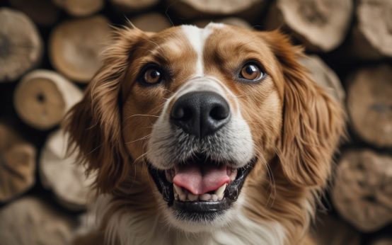 Concerned pet owner gently lifting her senior dog’s lip to check its teeth and gums after wondering why her dog has terrible breath lately.
