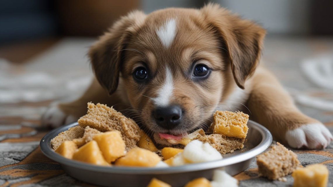 Concerned owner sitting on the kitchen floor beside her young puppy that is quickly eating from its food bowl, wondering why her puppy eats so fast.