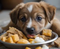 Concerned owner sitting on the kitchen floor beside her young puppy that is quickly eating from its food bowl, wondering why her puppy eats so fast.