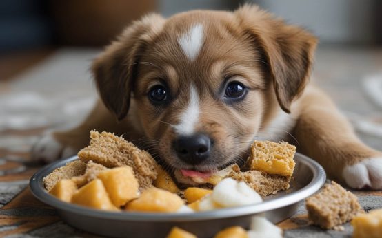 Concerned owner sitting on the kitchen floor beside her young puppy that is quickly eating from its food bowl, wondering why her puppy eats so fast.