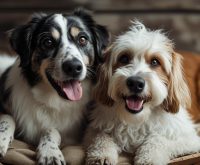 Man sitting on a couch with his small dog on his lap, gently lifting the dog’s lip to check its teeth while wondering why his dog has bad breath.