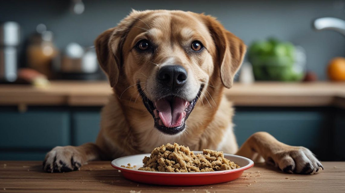 Young woman in a bright kitchen placing a slow feeder bowl on the floor for her eager puppy that usually eats its kibble too fast.