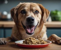 Young woman in a bright kitchen placing a slow feeder bowl on the floor for her eager puppy that usually eats its kibble too fast.