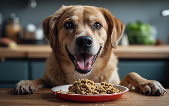 Young woman in a bright kitchen placing a slow feeder bowl on the floor for her eager puppy that usually eats its kibble too fast.