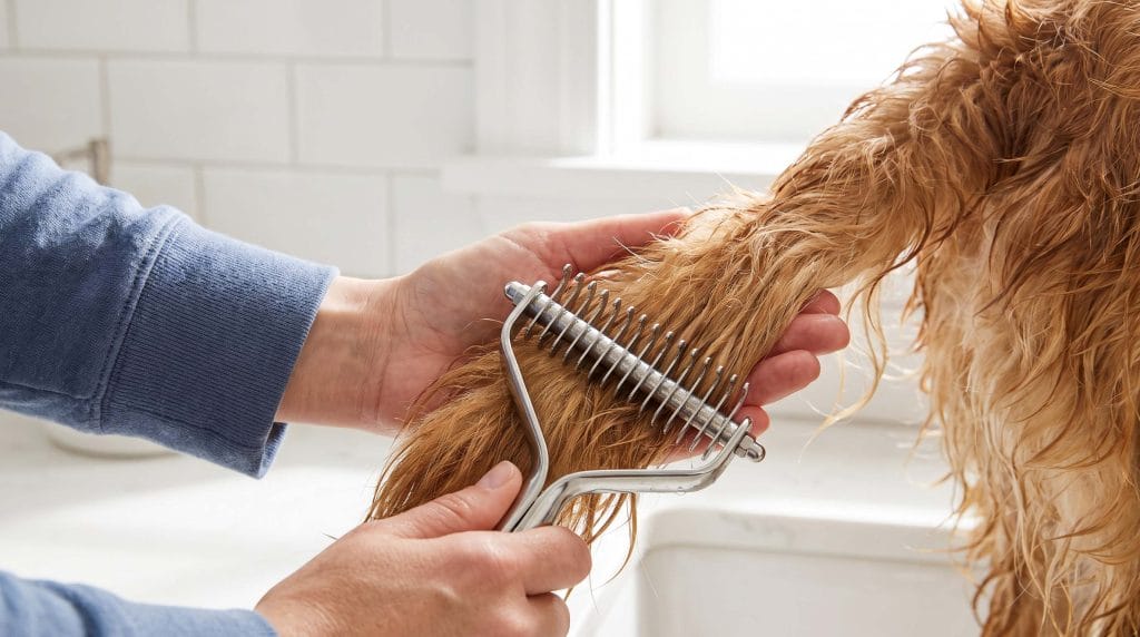 how to use an undercoat rake on a wet dog safely