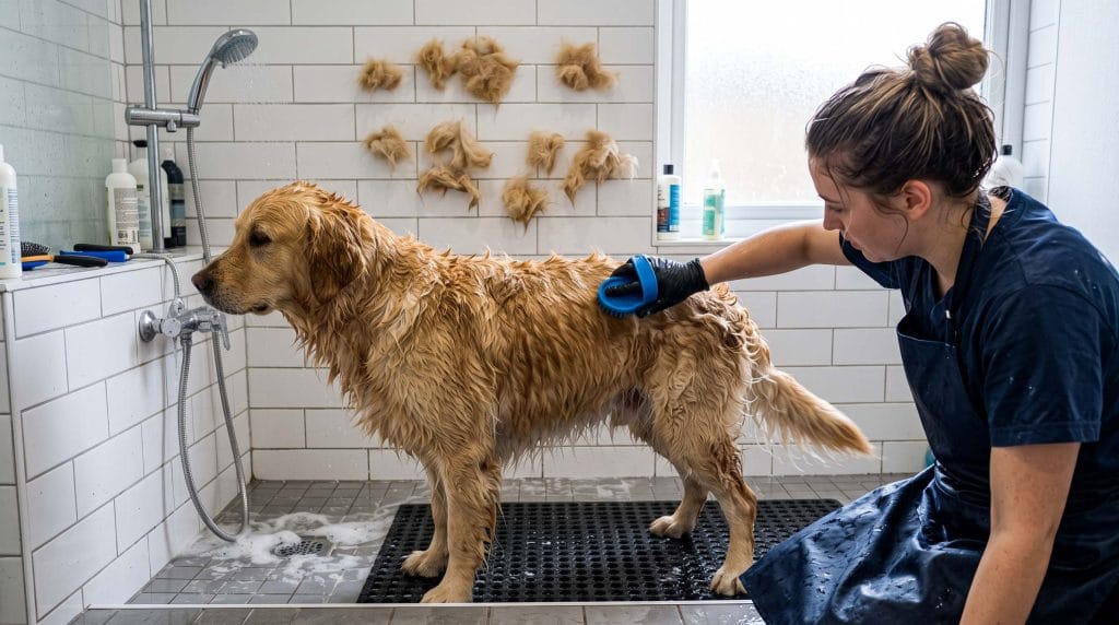 how to deshed a dog in the shower without clogging pipes