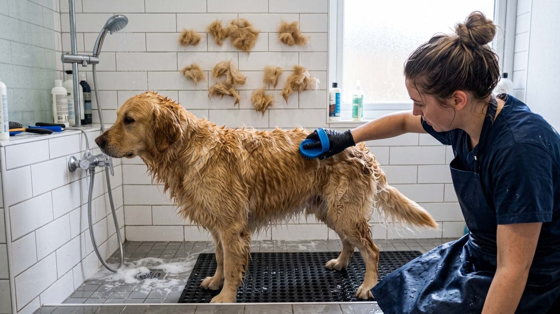 how to deshed a dog in the shower without clogging pipes