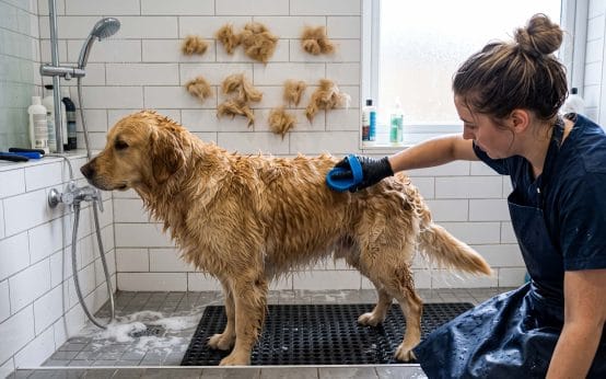 how to deshed a dog in the shower without clogging pipes