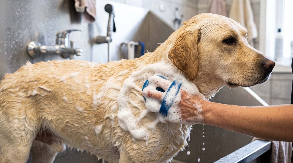 can you brush a dog while the coat is soapy